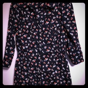 navy and floral print button up shirt dress